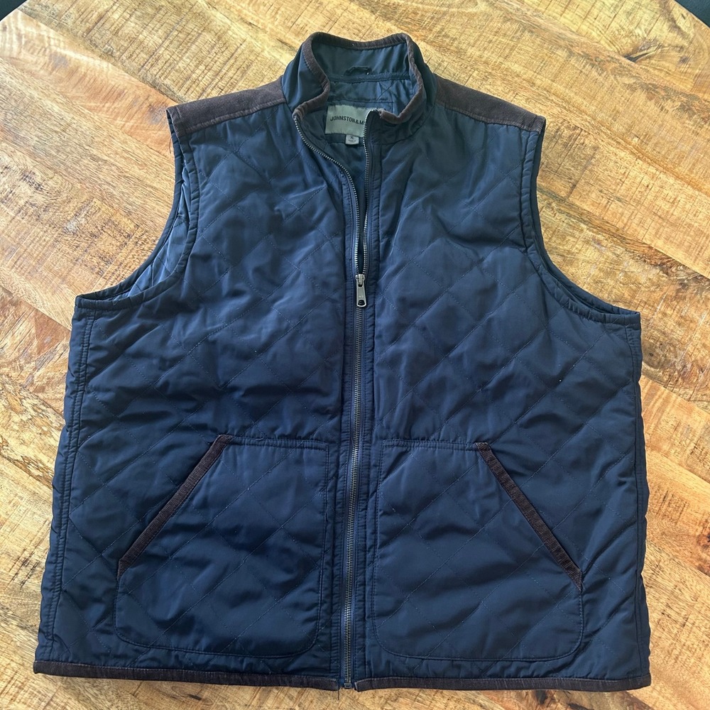 Johnston & Murphy Mens XL Navy Quilted Vest Corduroy Trim Full Zip Blue Jacket